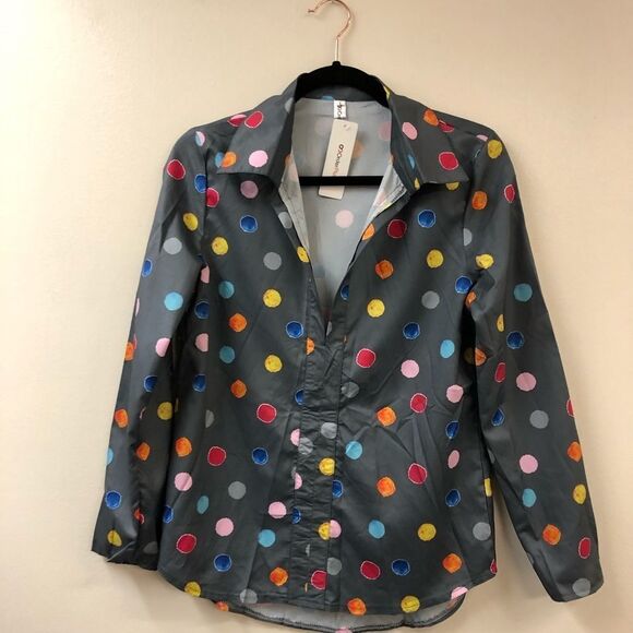 NWT Order Plus Gray and Colorful Polka Dot Button Down Top Size Large - Picture 1 of 7